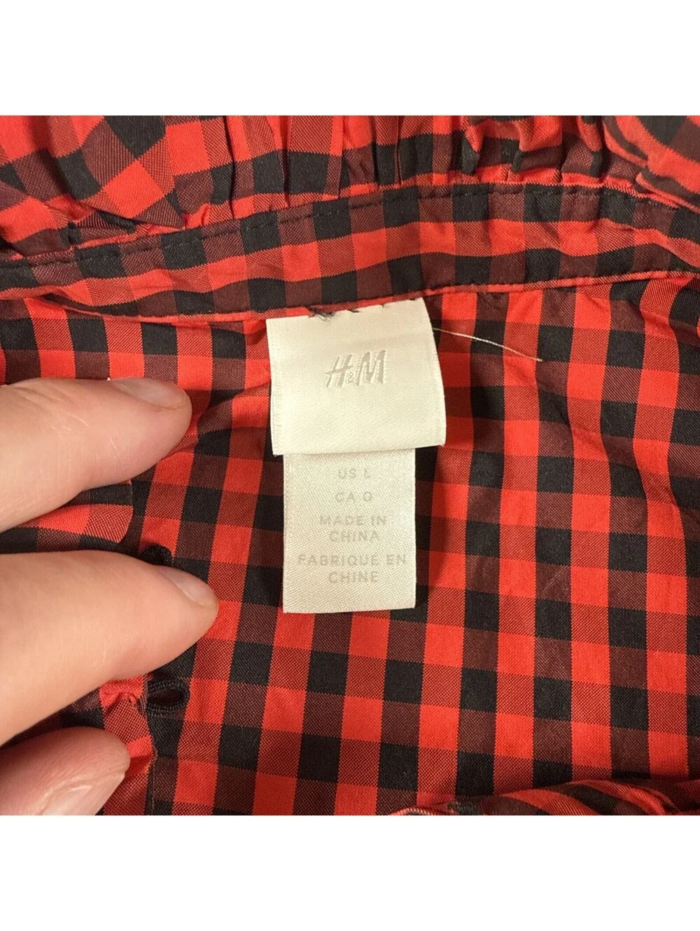 H&M Black & Red Gingham Button Front Ruffle Neck Dress Size Large Pre Owned